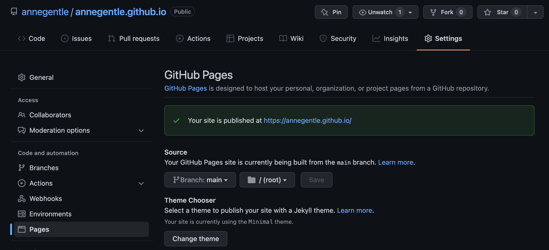 GitHub Pages settings